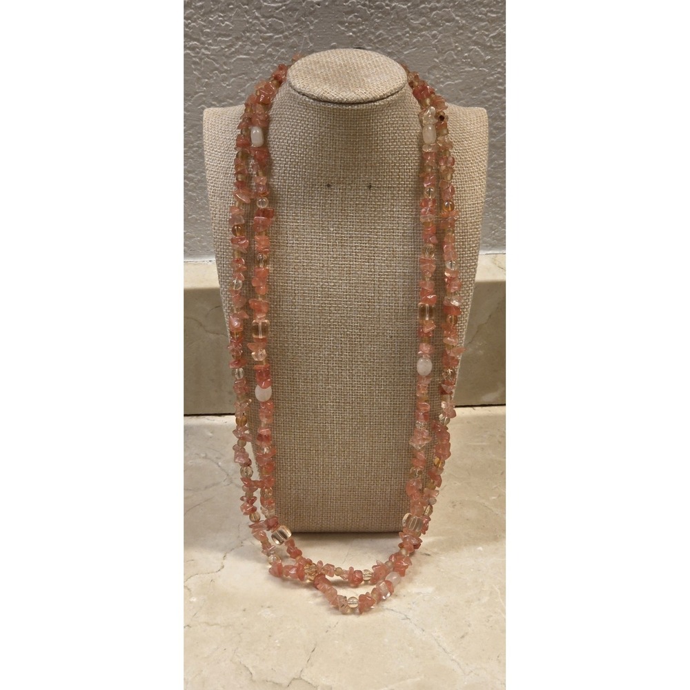 Vintage Rose Quartz Dual Strand 27"‎ Sterling Silver Toggle Clasp Necklace